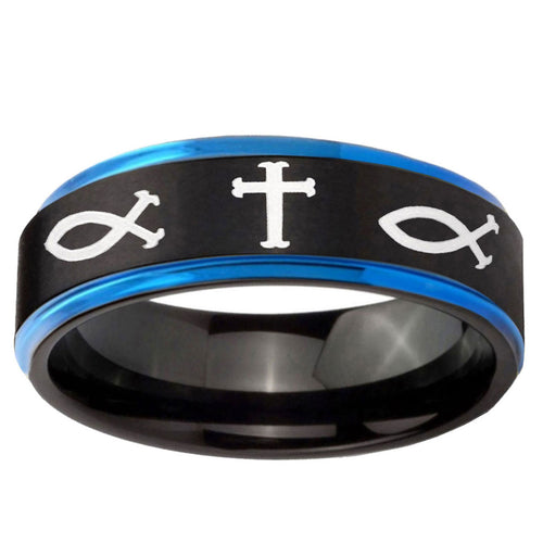 5mm Fish & Cross Blue Step Edge Black Tungsten Ring Mens