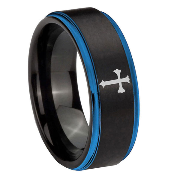 8mm-Flat-Christian-Cross-Blue-Step-Edges-Tungsten-Carbide-Mens-Wedding-Ring