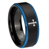8mm-Flat-Christian-Cross-Blue-Step-Edges-Tungsten-Carbide-Mens-Wedding-Ring