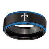 10mm-Flat-Christian-Cross-Blue-Step-Edges-Brushed-Tungsten-Carbide-Mens-Promise-Ring