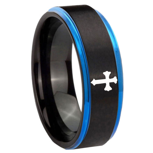 8mm Flat Christian Cross Blue Step Edge Black Tungsten Ring
