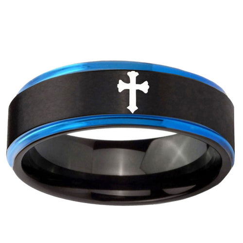 5mm Flat Christian Cross Blue Step Edge Black Tungsten Ring