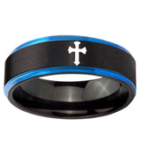 10mm Flat Christian Cross Blue Step Edge Brushed Tungsten Ring