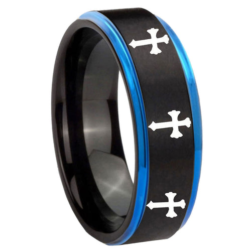 8mm Multiple Christian Cross Blue Step Edge Black Tungsten Ring