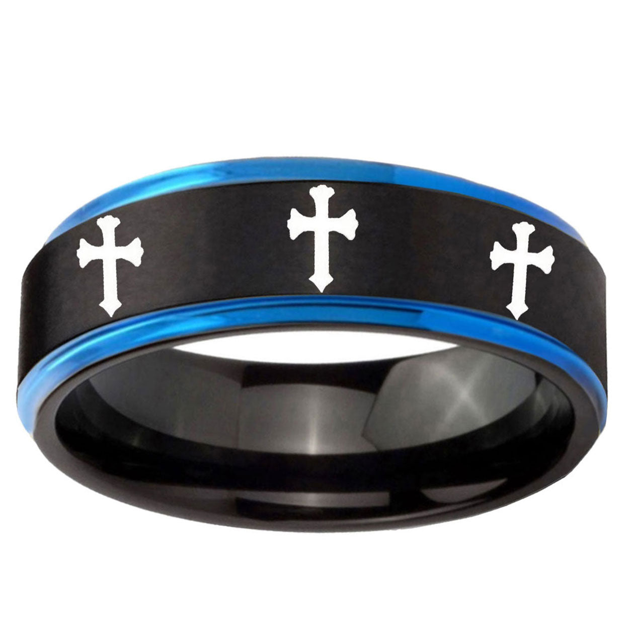 5mm Multiple Christian Cross Blue Step Edge Black Tungsten Ring