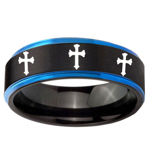 5mm Multiple Christian Cross Blue Step Edge Black Tungsten Ring
