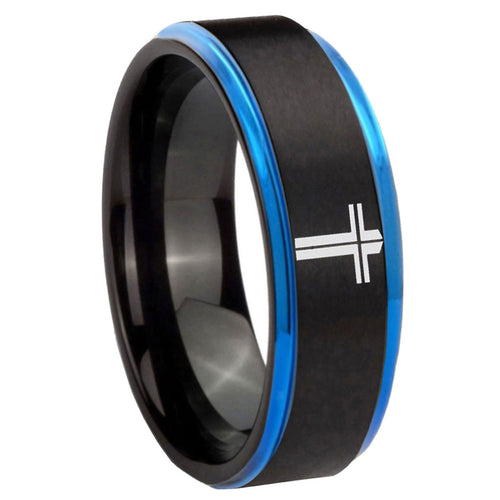 8mm Flat Christian Cross Blue Step Edge Black Tungsten Ring