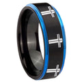 8mm Multiple Christian Cross Blue Step Edge Black Tungsten Ring