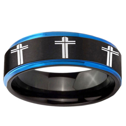 5mm Multiple Christian Cross Blue Step Edge Black Tungsten Ring
