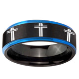 5mm Multiple Christian Cross Blue Step Edge Black Tungsten Men's Band Ring