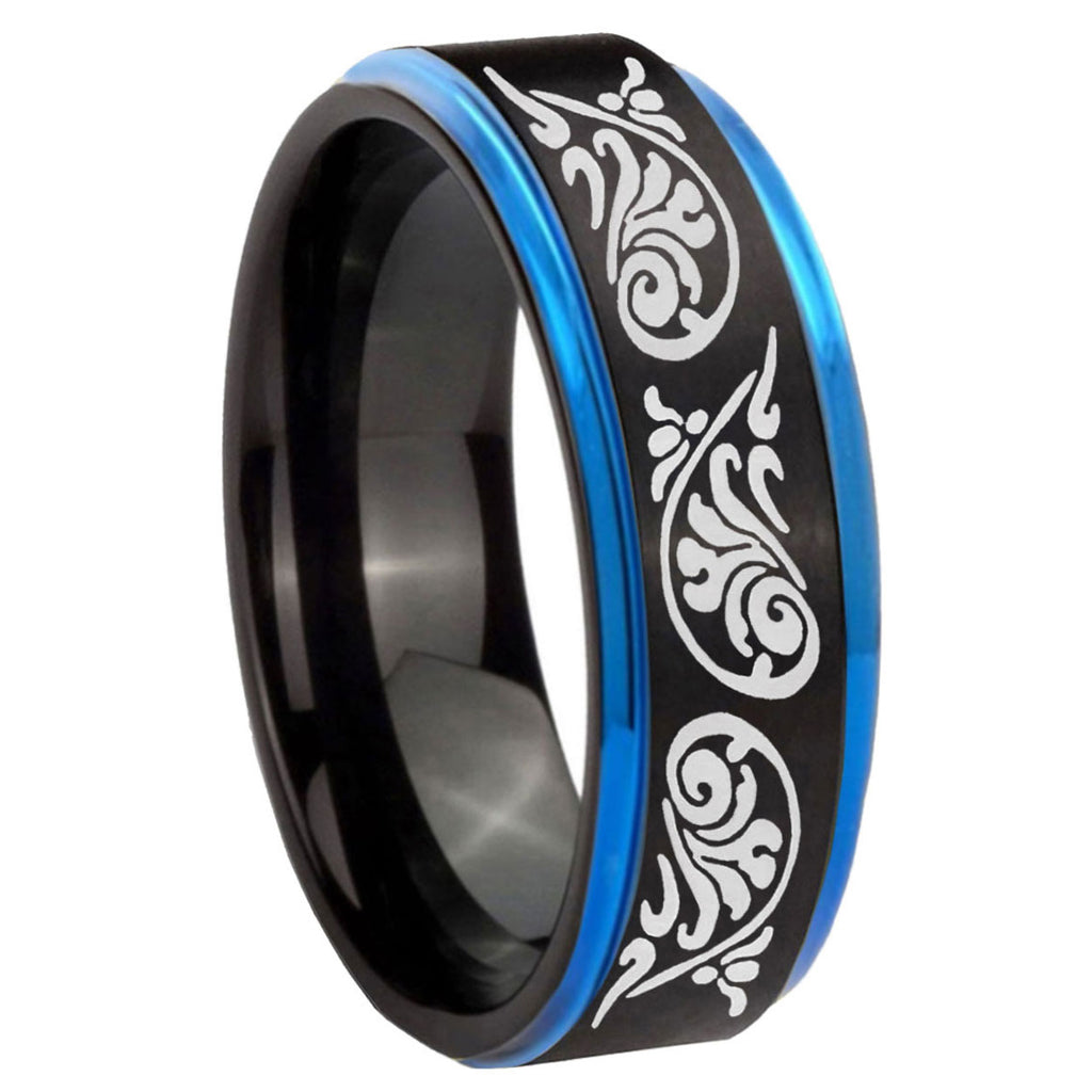 8mm Etched Tribal Pattern Blue Step Edge Black Tungsten Ring