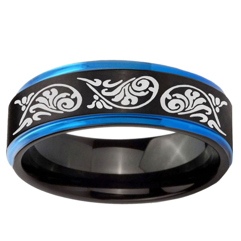 5mm Etched Tribal Pattern Blue Step Edge Black Tungsten Ring