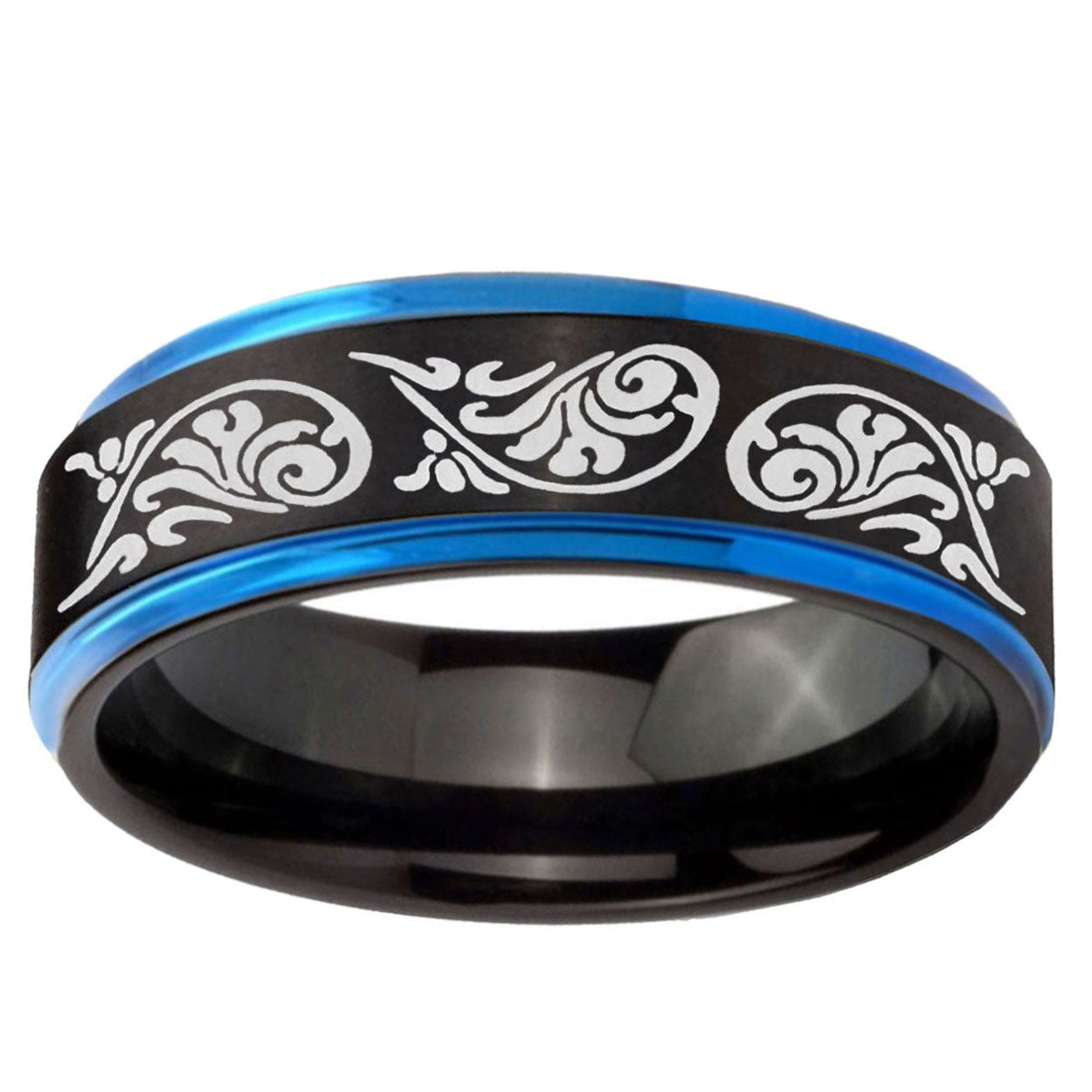5mm Etched Tribal Pattern Blue Step Edge Black Tungsten Ring