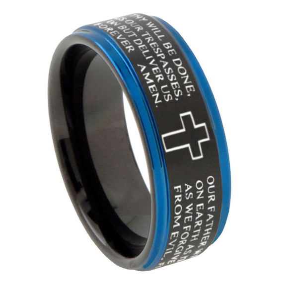 10mm-Bible-Lord's-Prayer-Cross-Blue-Step-Edges-Brushed-Tungsten-Carbide-Mens-Promise-Ring