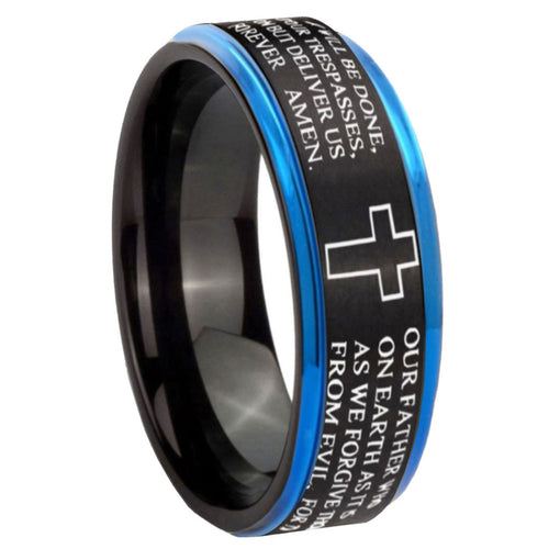 8mm Etched Lord's Prayer Cross Blue Step Edge Black Tungsten Ring