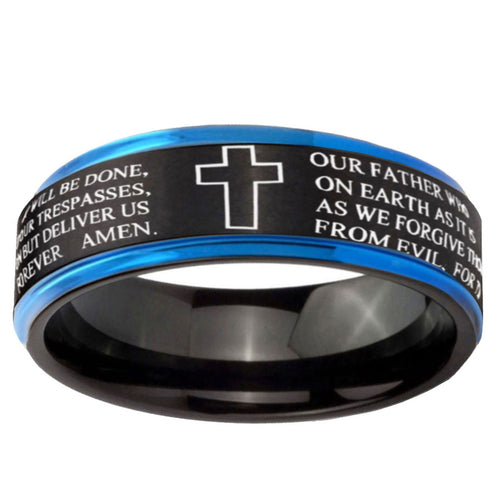 5mm Etched Lord's Prayer Cross Blue Step Edge Black Tungsten Ring