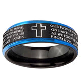 10mm Bible Lord's Prayer Cross Blue Step Edge Brushed Tungsten Ring