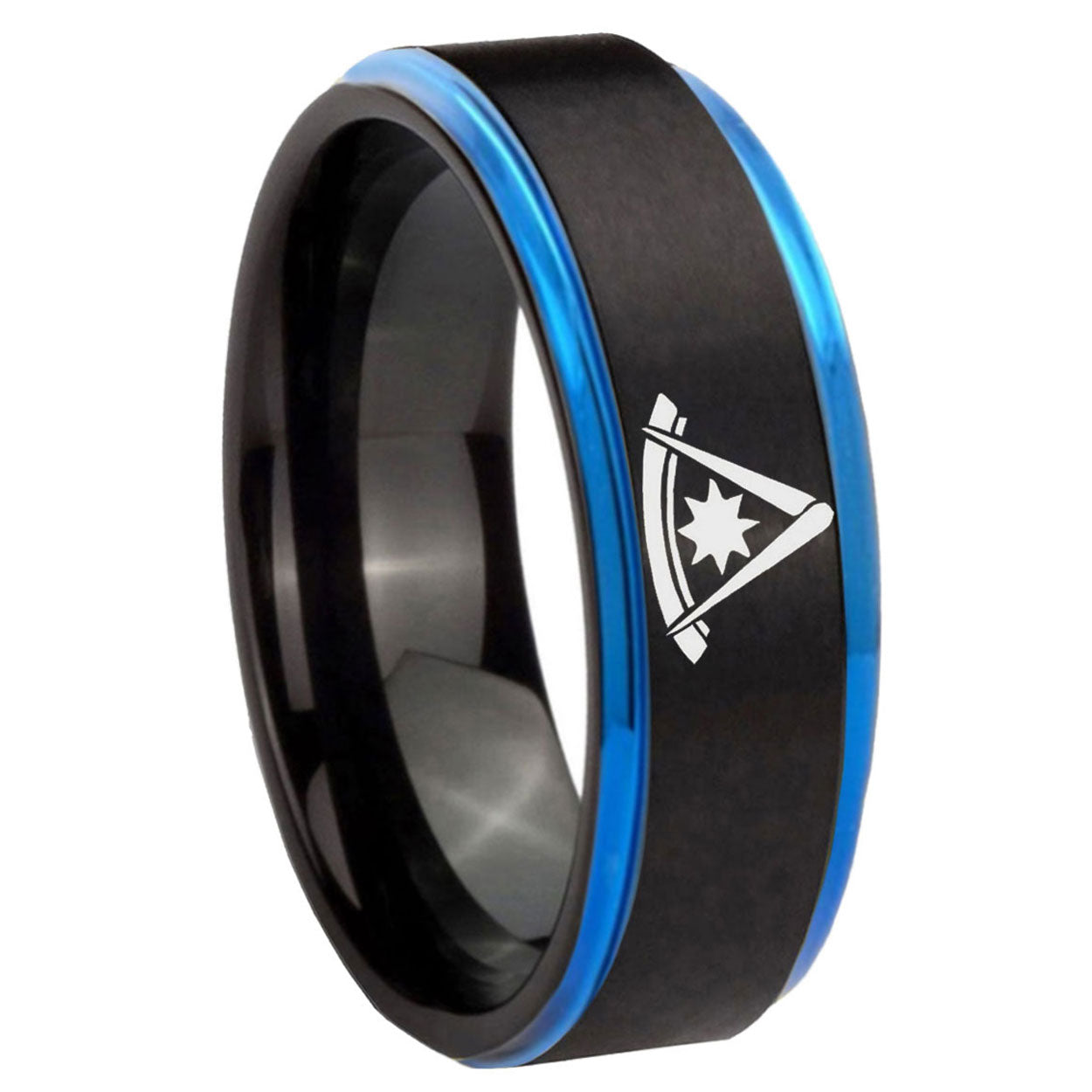 8mm Pester Master Masonic Blue Step Edge Black Tungsten Band
