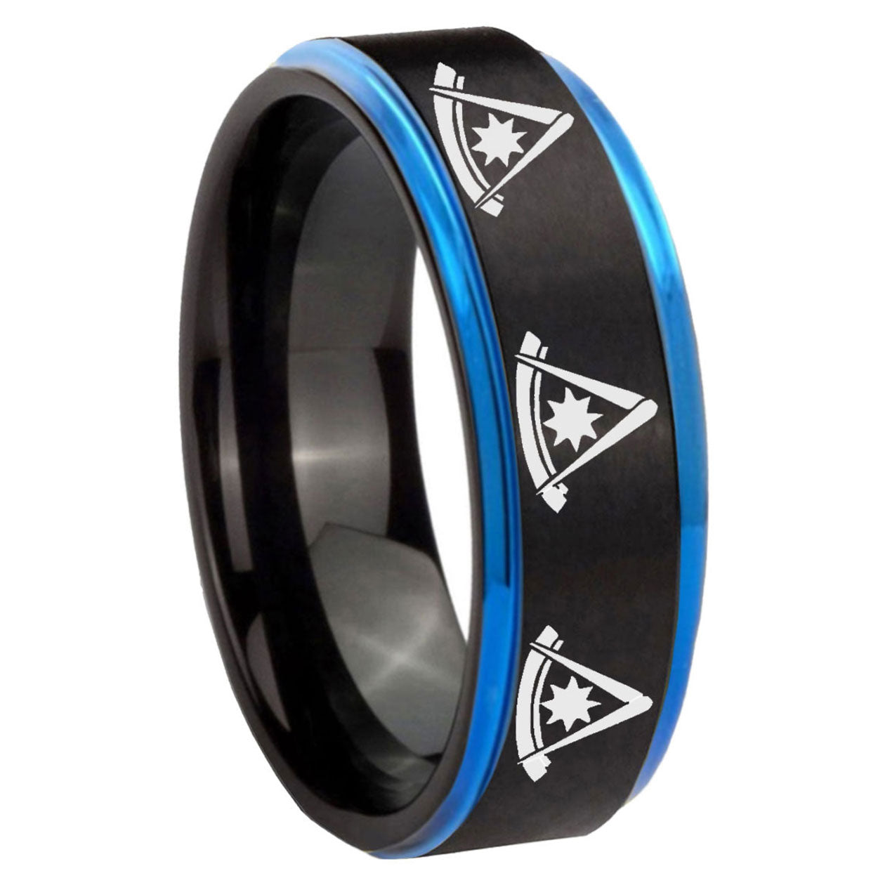 8mm Multiple Pester Master Masonic Blue Step Edge Black Tungsten Ring