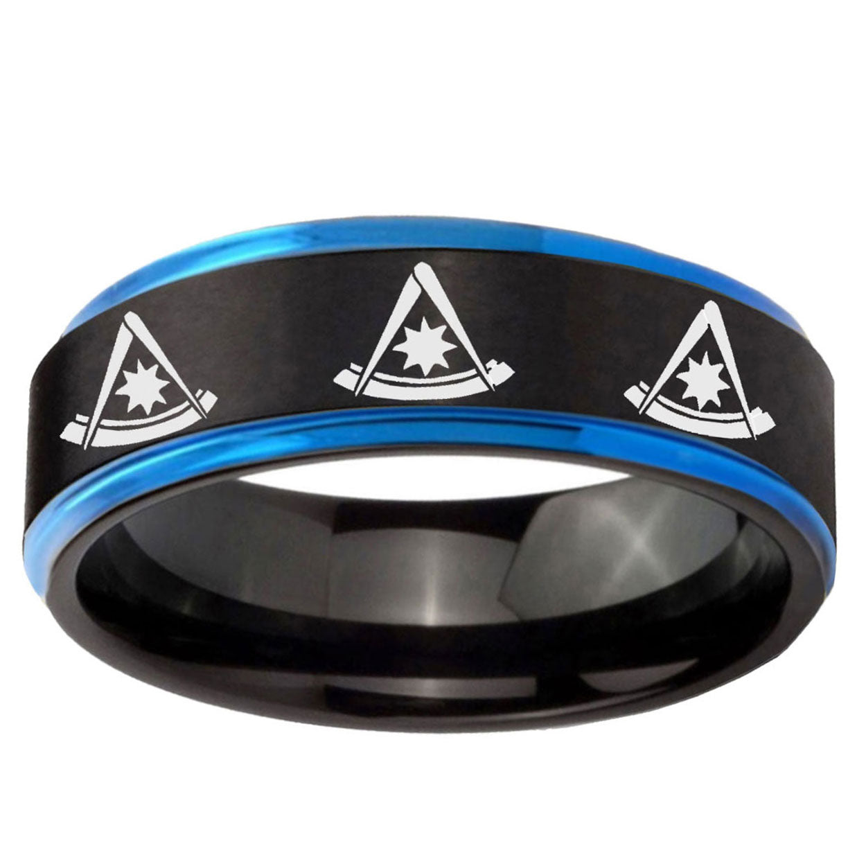 5mm Multiple Pester Master Masonic Blue Step Edge Black Tungsten Ring