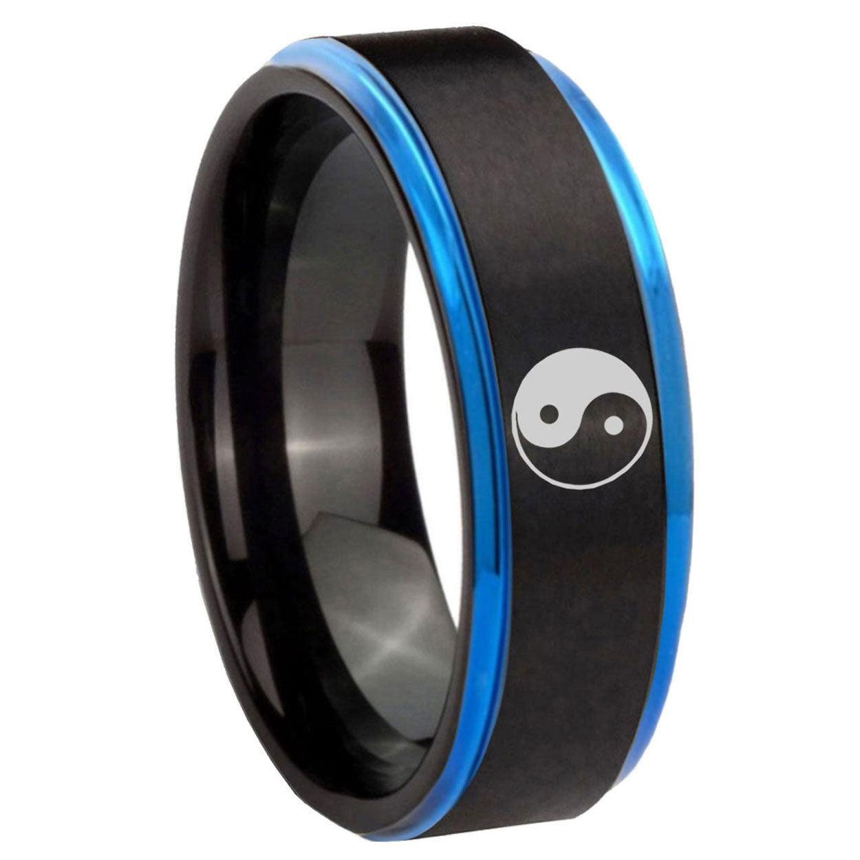 8mm Yin Yang Blue Step Edge Black Tungsten Personalized Ring