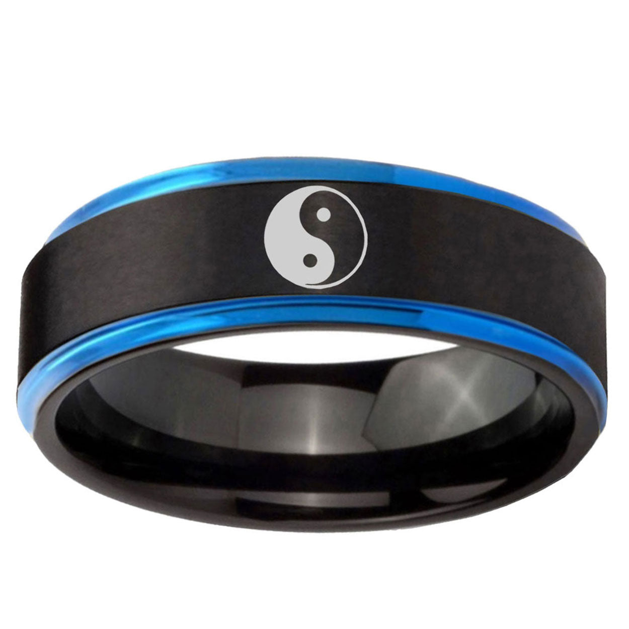 5mm Yin Yang Blue Step Edge Black Tungsten Personalized Ring