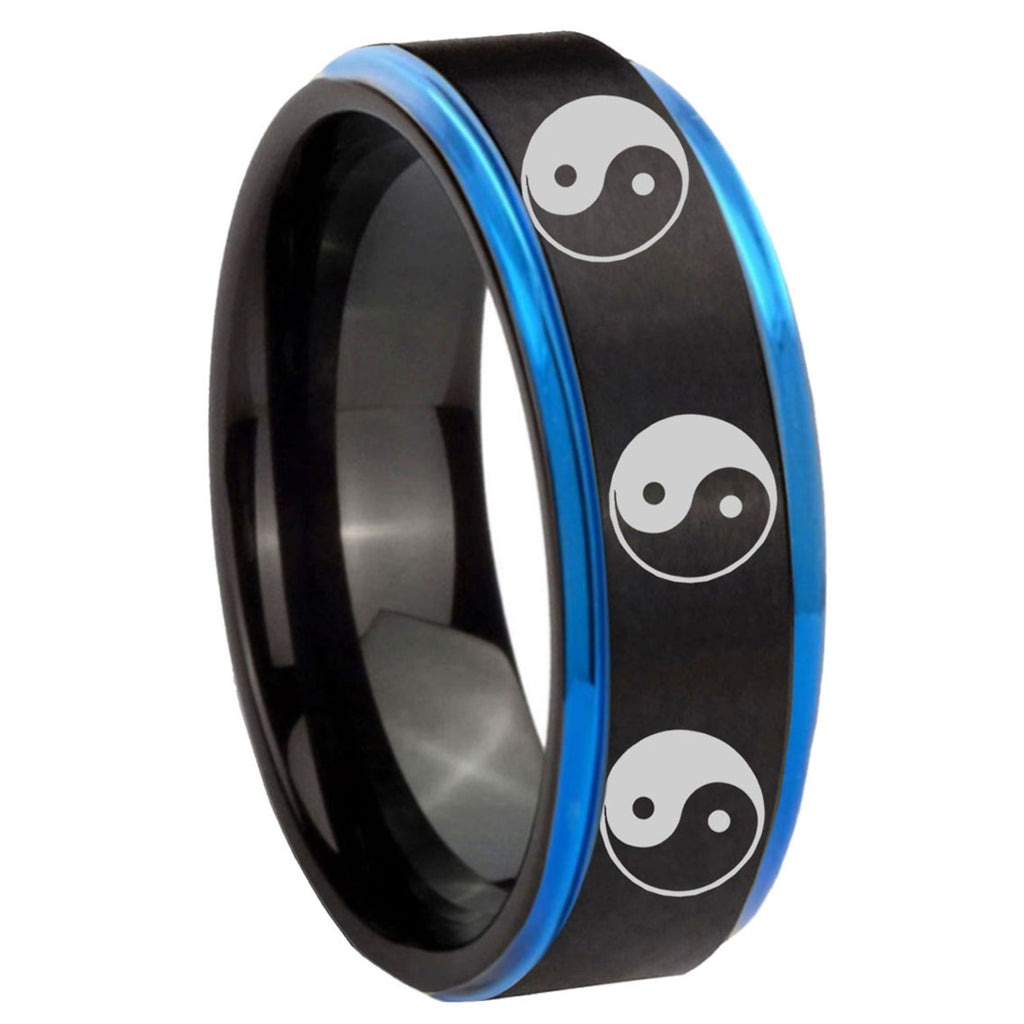 8mm Multiple Yin Yang Blue Step Edge Black Tungsten Ring