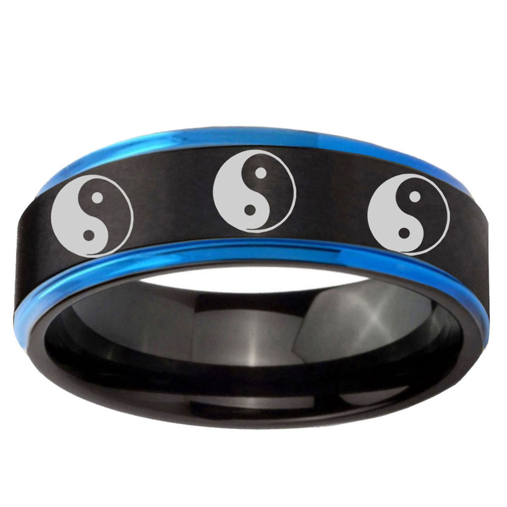 5mm Multiple Yin Yang Blue Step Edge Black Tungsten Ring