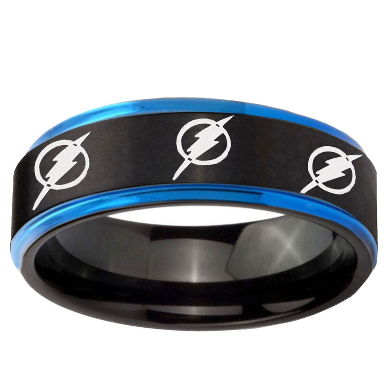 5mm Multiple Flash Blue Step Edge Black Wedding Band