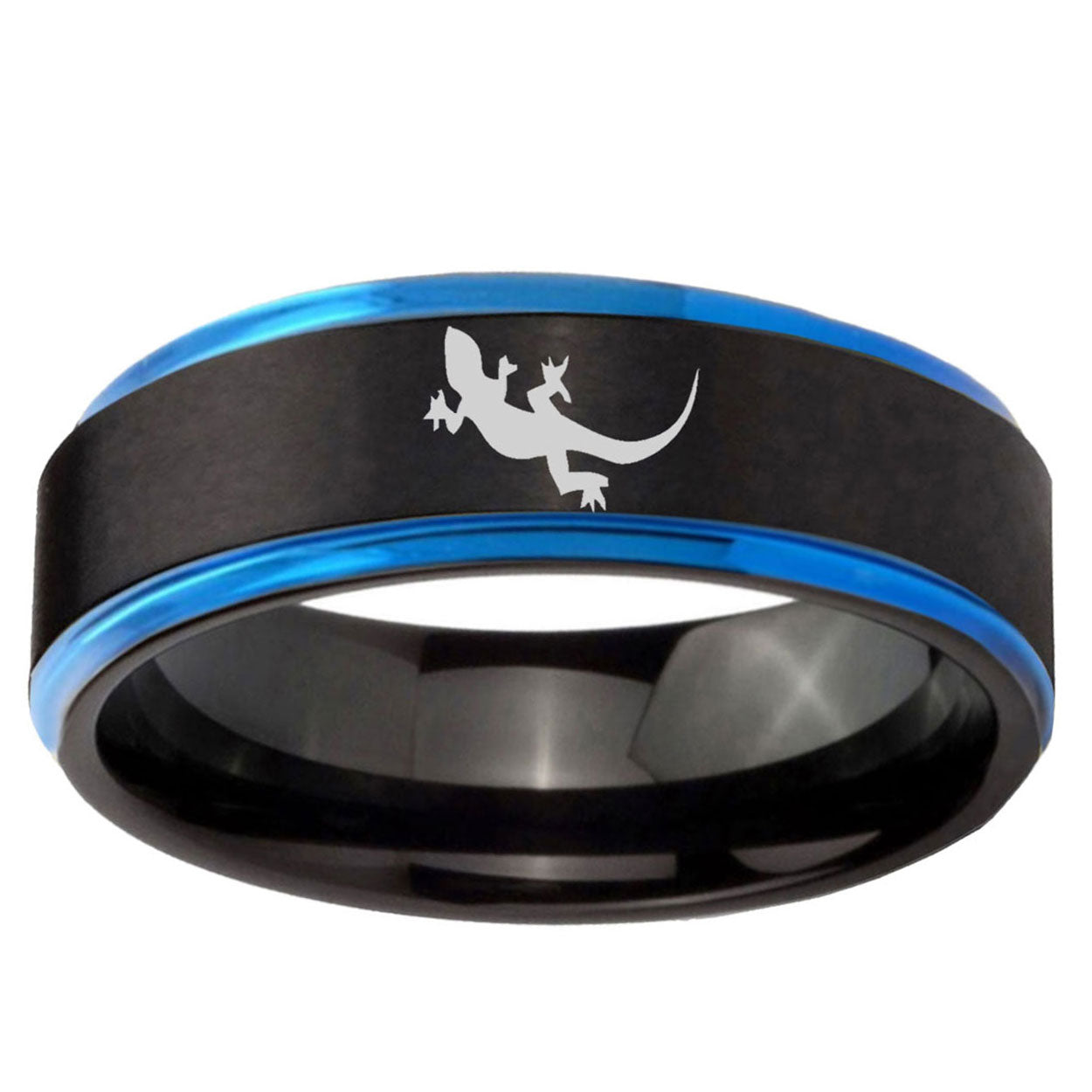 5mm Lizard Blue Step Edge Black Tungsten Ring for Men