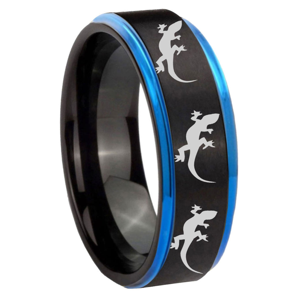 8mm Multiple Lizard Blue Step Edge Black Tungsten Ring Mens