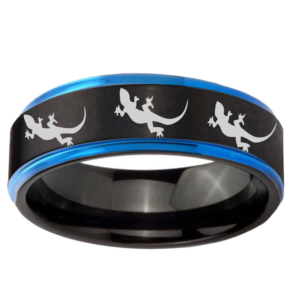 5mm Multiple Lizard Blue Step Edge Black Tungsten Ring Mens