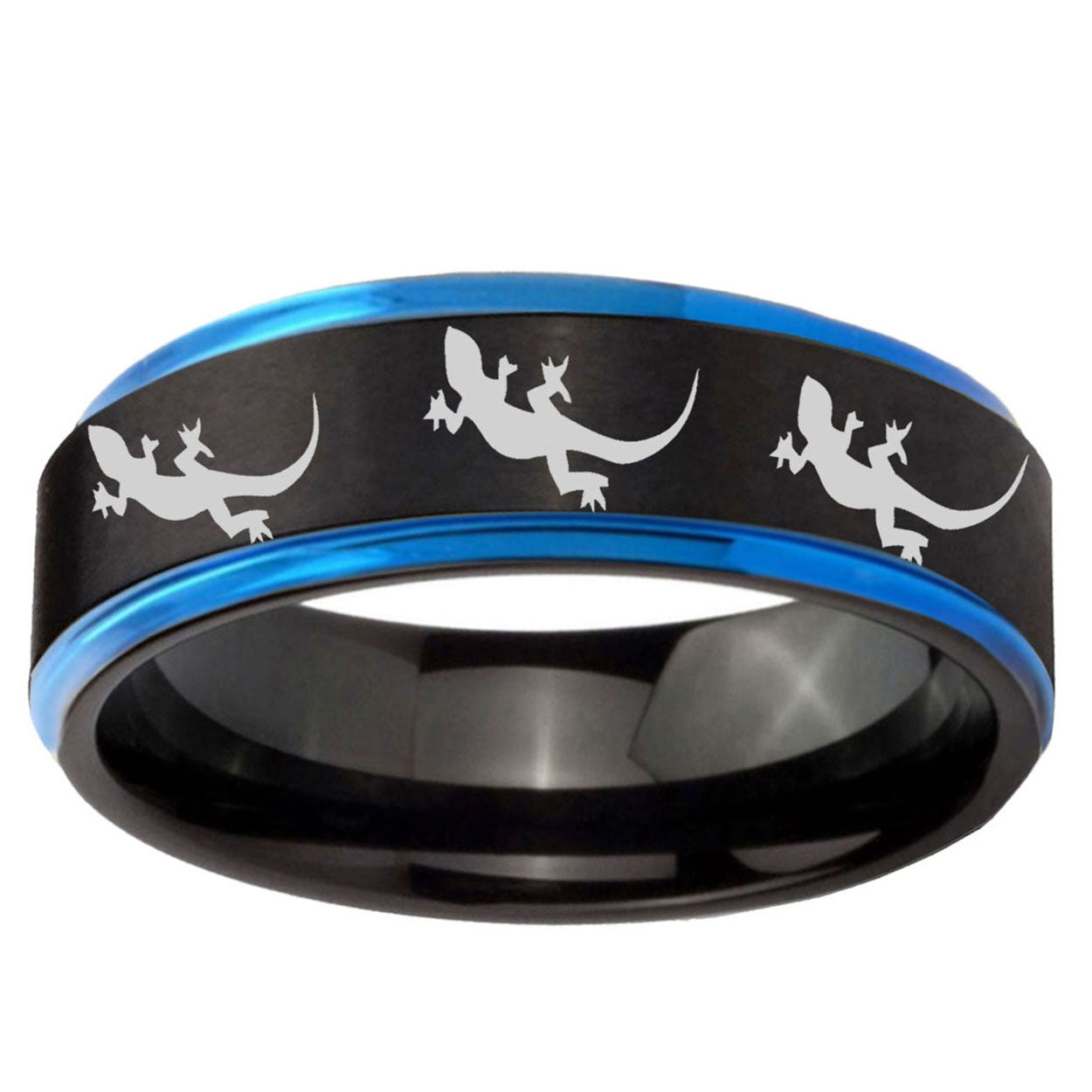 5mm Multiple Lizard Blue Step Edge Black Tungsten Ring Mens