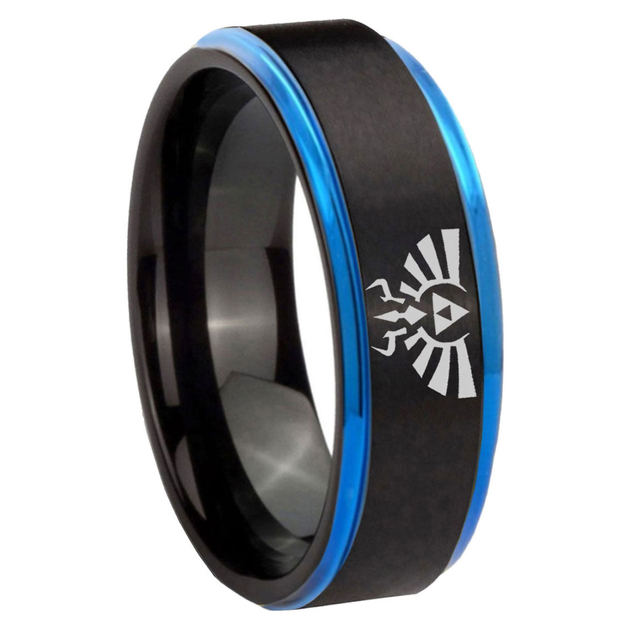 8mm Zelda Skyward Sword Blue Step Edge Black Tungsten Ring