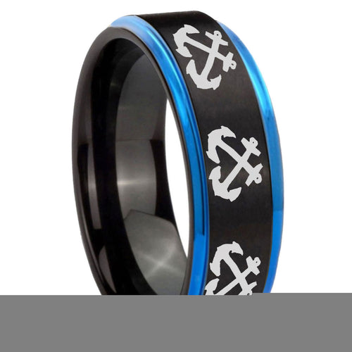8mm Multiple Anchor Blue Step Edge Black Tungsten Ring