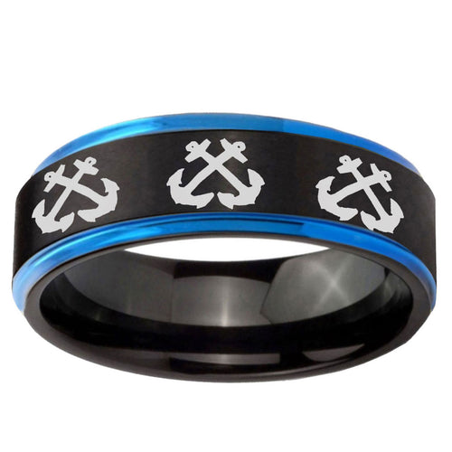 5mm Multiple Anchor Blue Step Edge Black Tungsten Ring