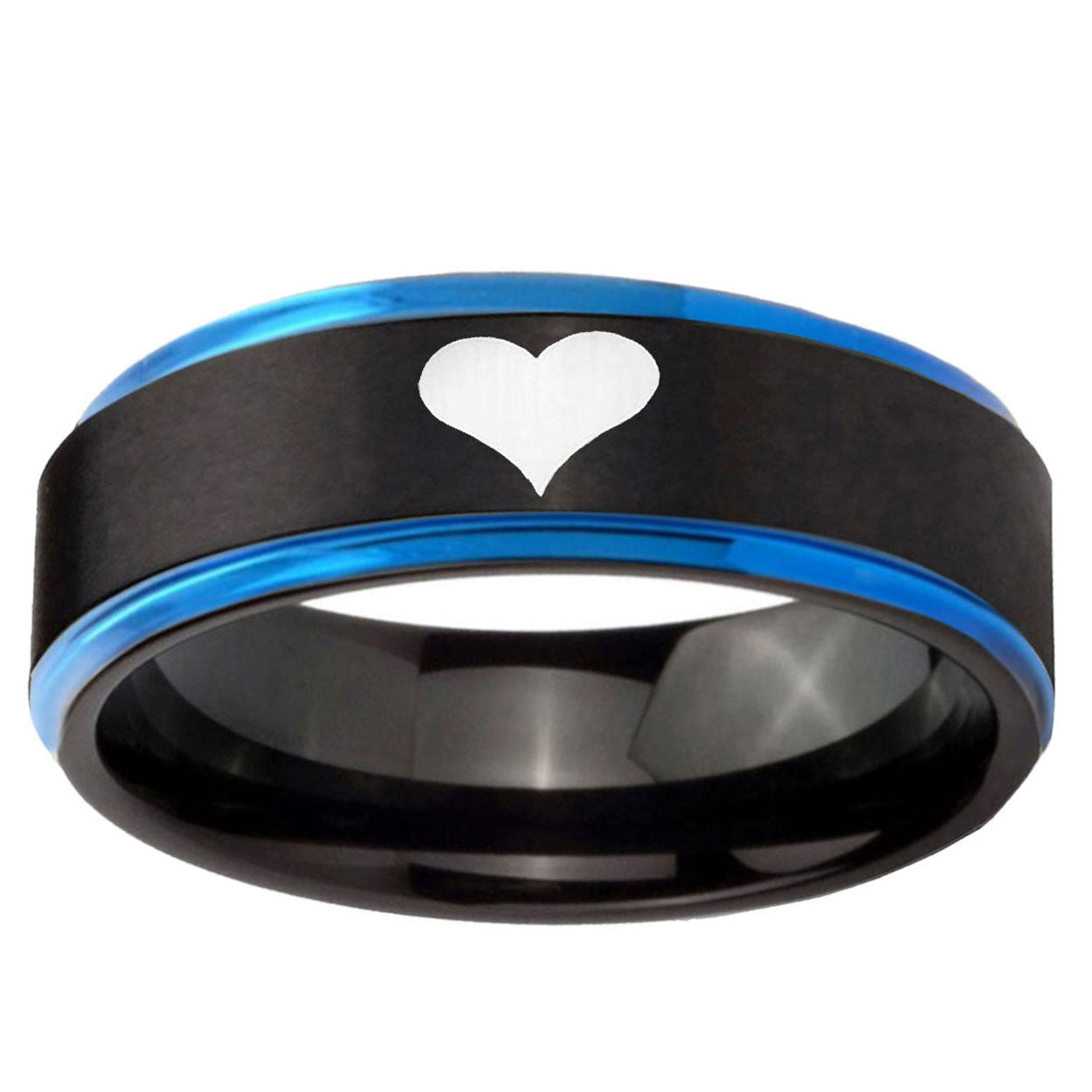 5mm Heart Blue Step Edge Black Tungsten Engraved Ring