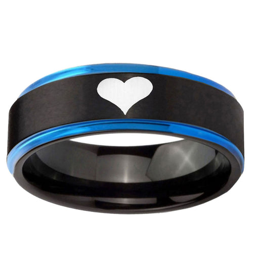 5mm Heart Blue Step Edge Black Tungsten Engraved Ring