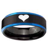 5mm Heart Blue Step Edge Black Tungsten Carbide Engraved Ring