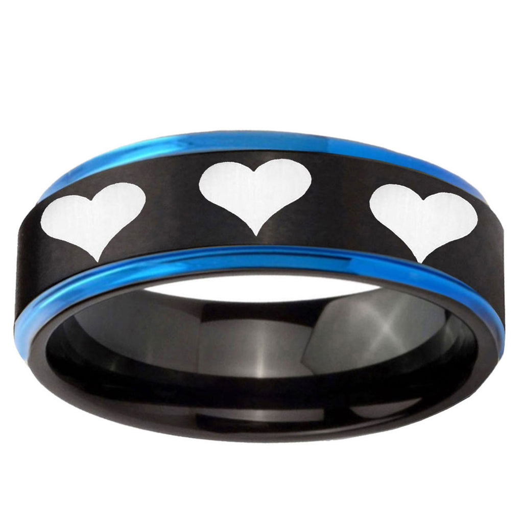 5mm Multiple Heart Blue Step Edge Black Tungsten Ring