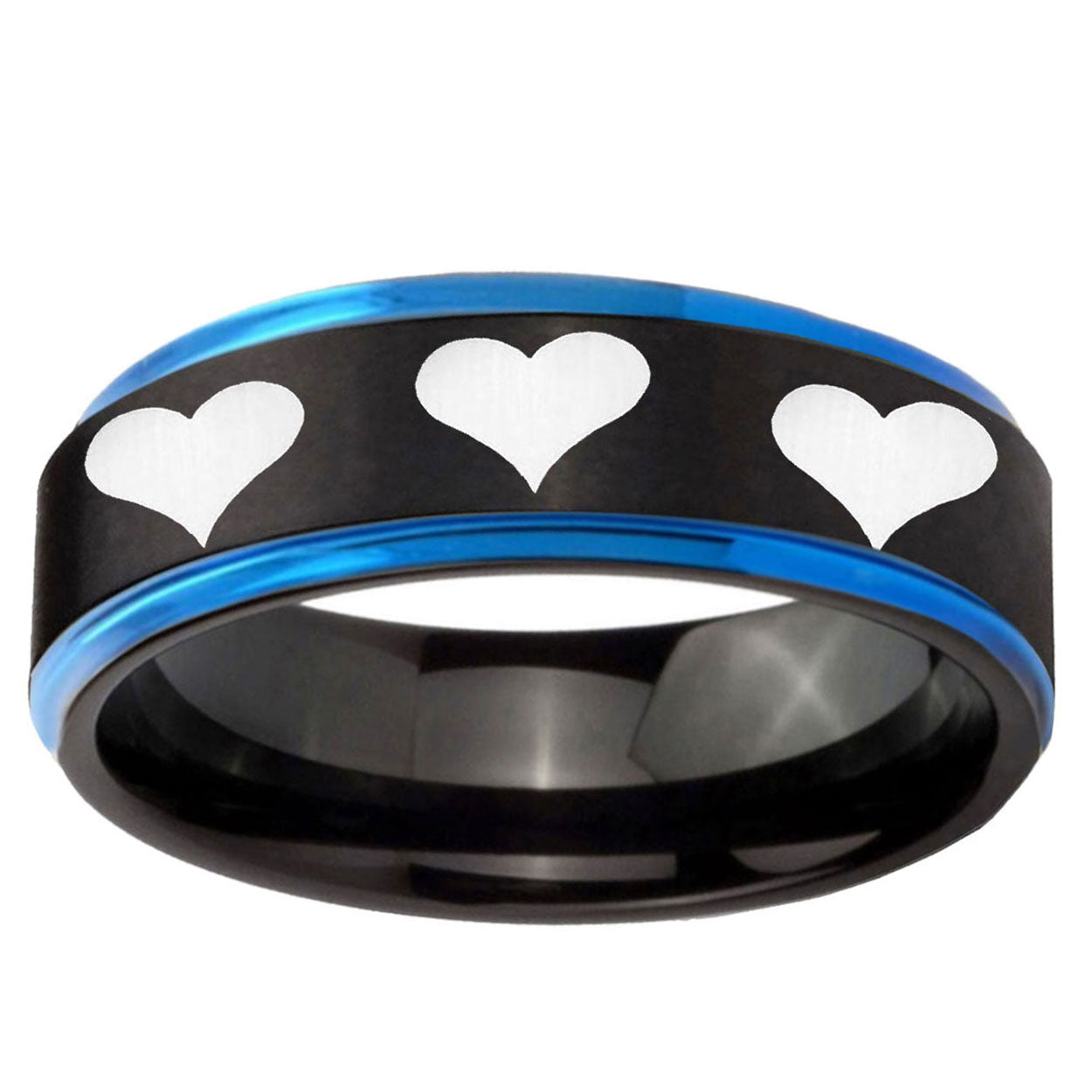 5mm Multiple Heart Blue Step Edge Black Tungsten Ring
