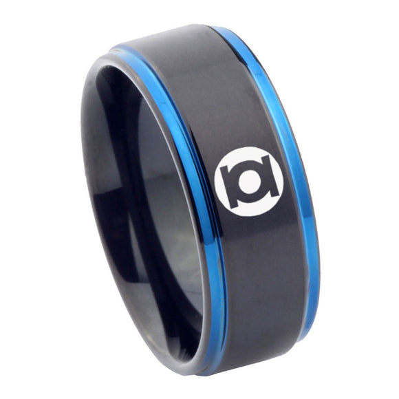 8mm Green Lantern Step Edge Black Blue Mens Tungsten Rings