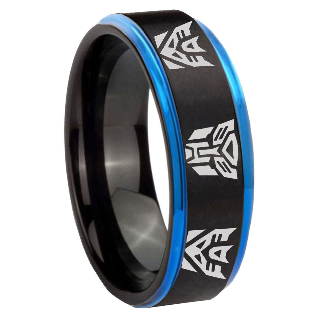 8mm Transformers Autobot Decepticon Blue Step Edge Black Tungsten Ring