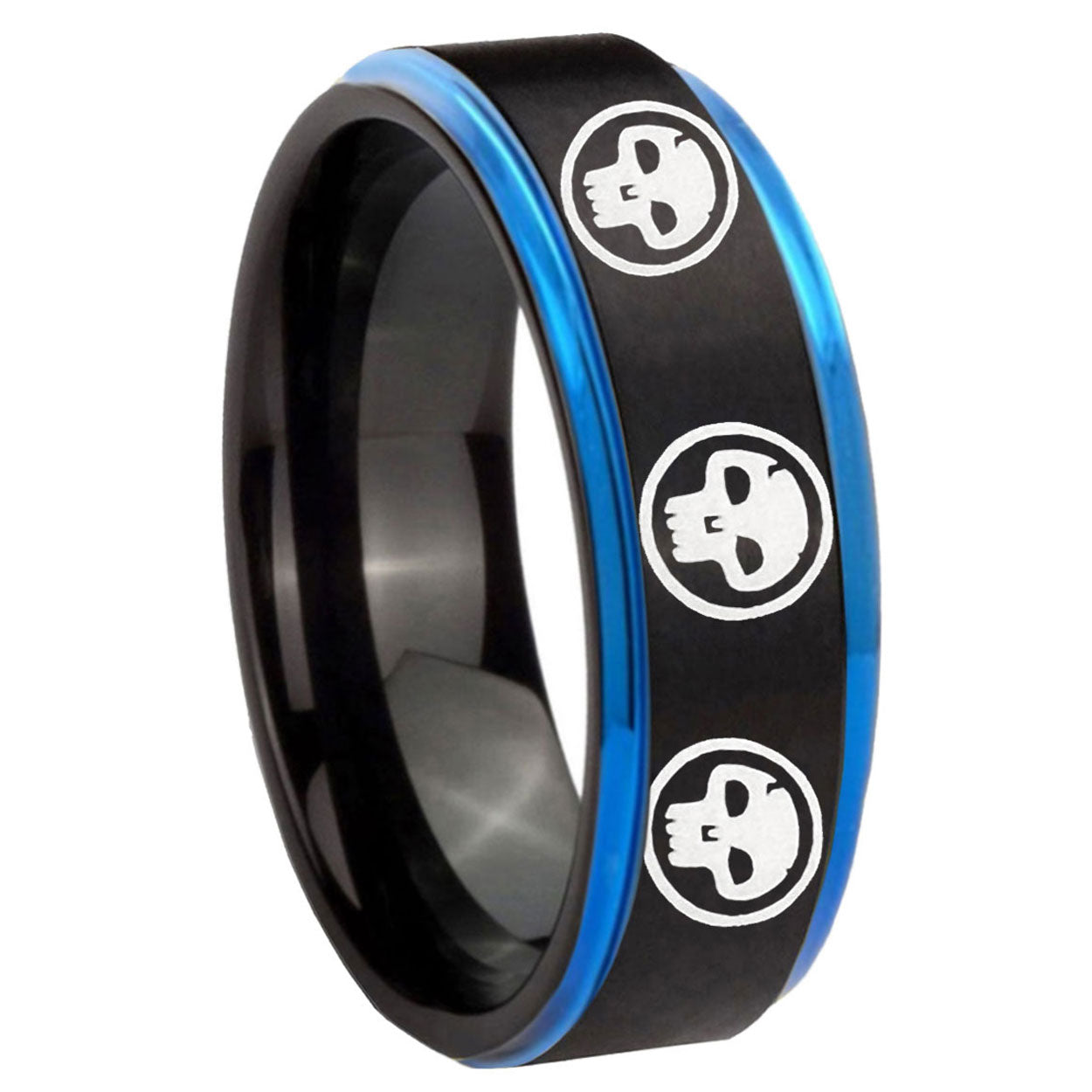 8mm Multiple Skull Blue Step Edge Black Tungsten Ring