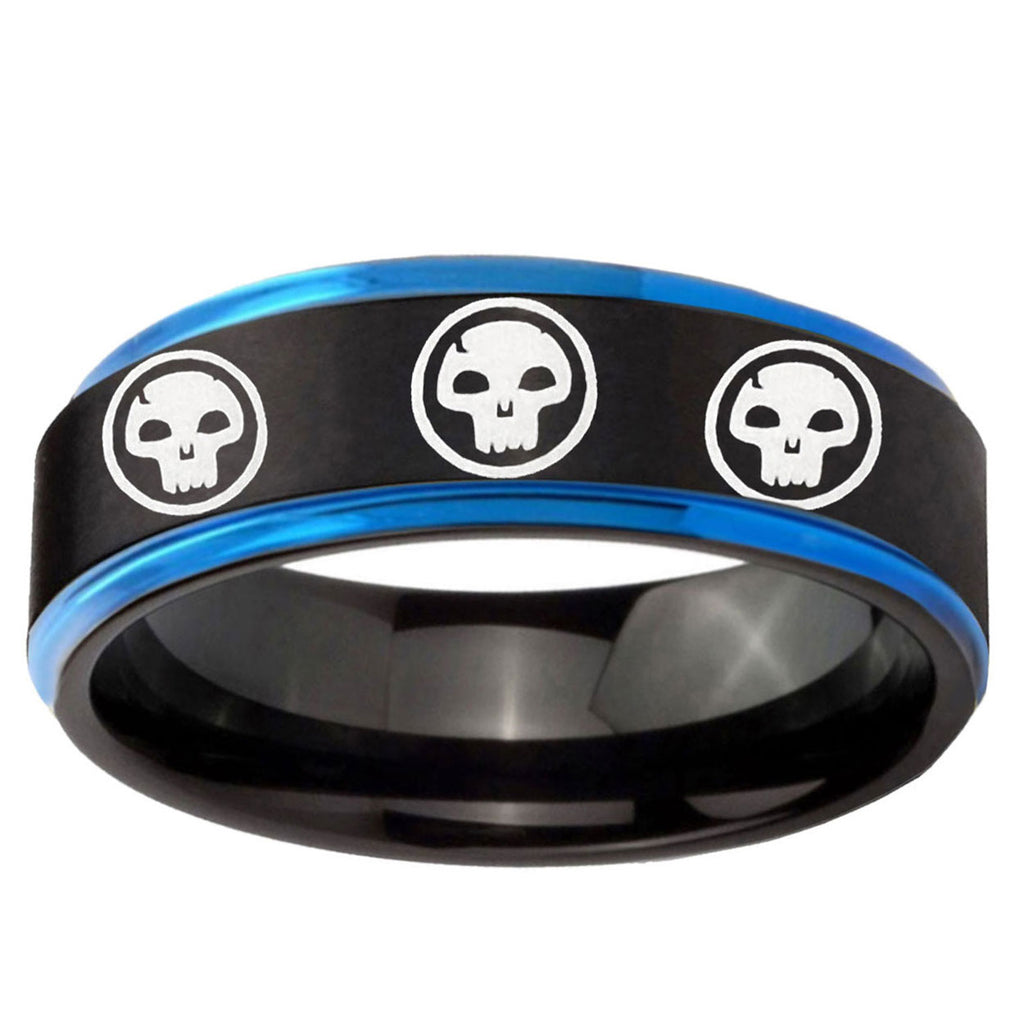 5mm Multiple Skull Blue Step Edge Black Tungsten Ring