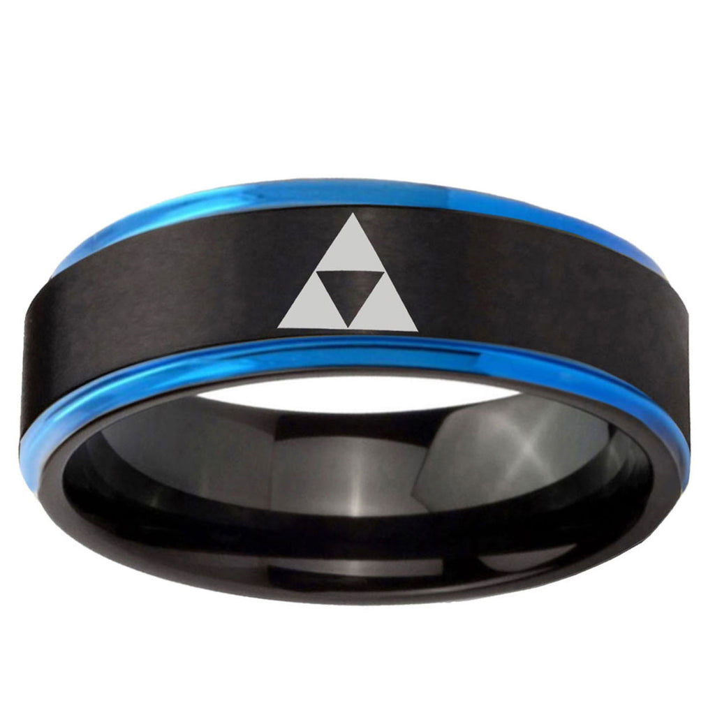 5mm Zelda Triforce Blue Step Edge Black Tungsten Custom Ring