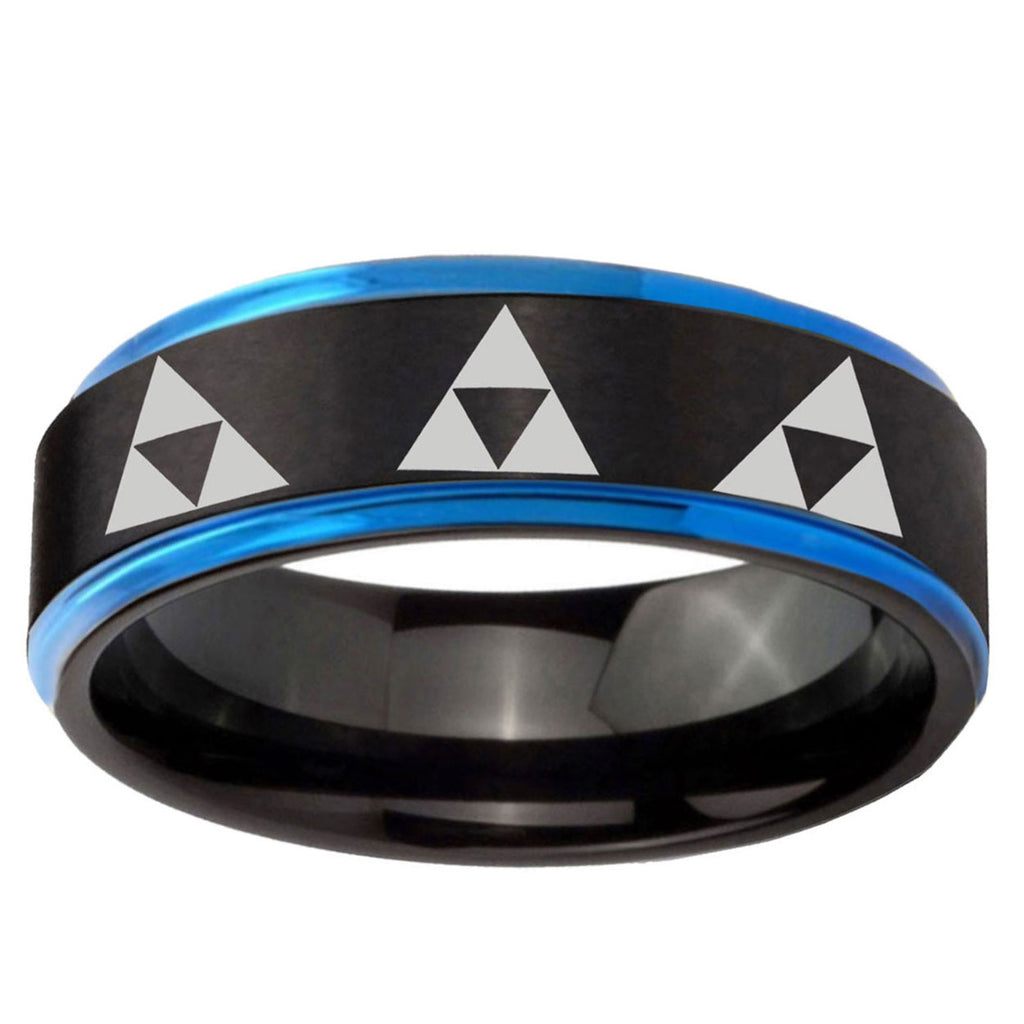 5mm Multiple Zelda Triforce Blue Step Edge Black Tungsten Ring