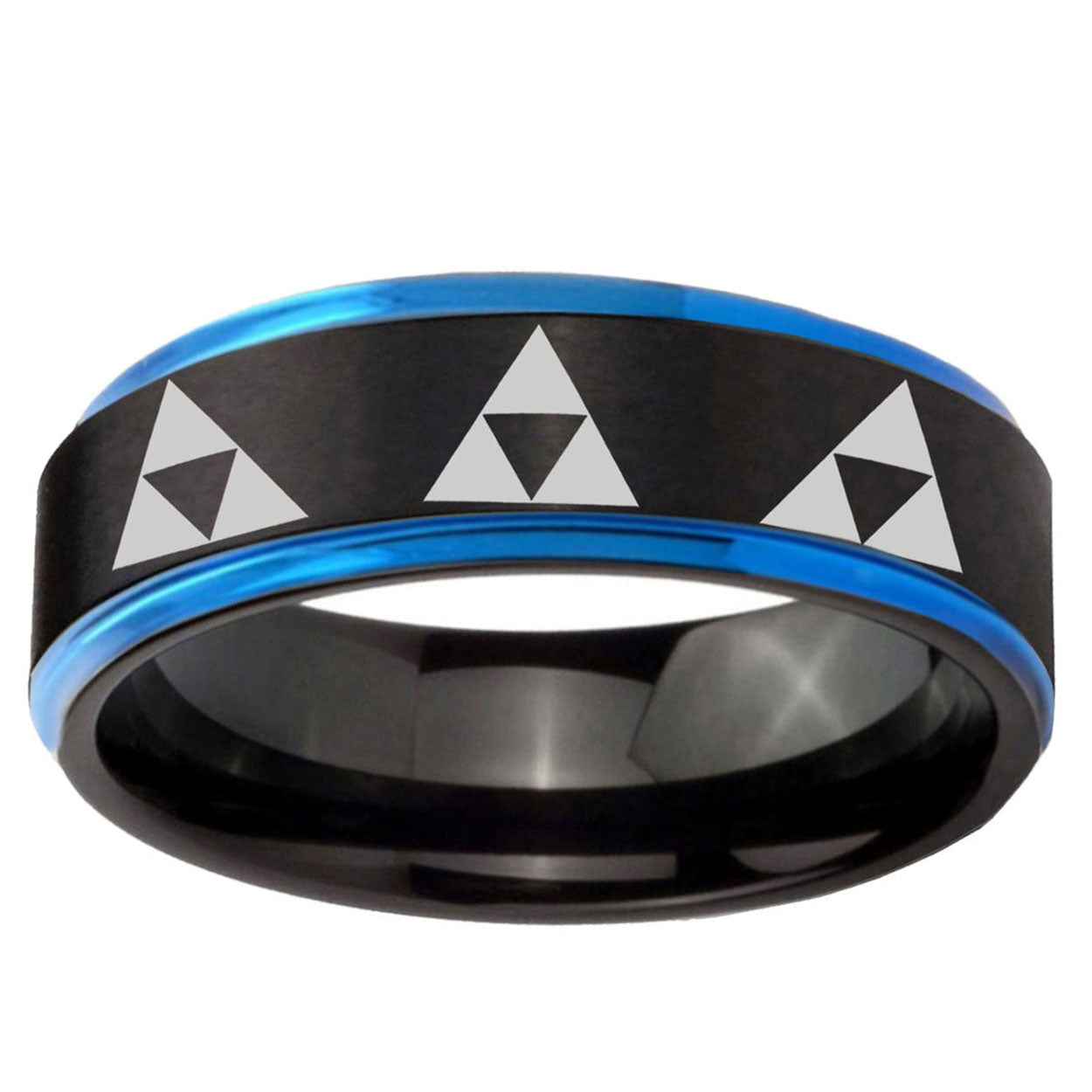 5mm Multiple Zelda Triforce Blue Step Edge Black Tungsten Ring