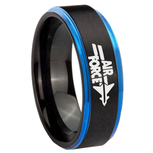 8mm Blue Step Edge Black Air Force Tungsten Engraved Ring