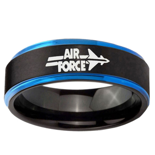 5mm Blue Step Edge Black Air Force Tungsten Engraved Ring